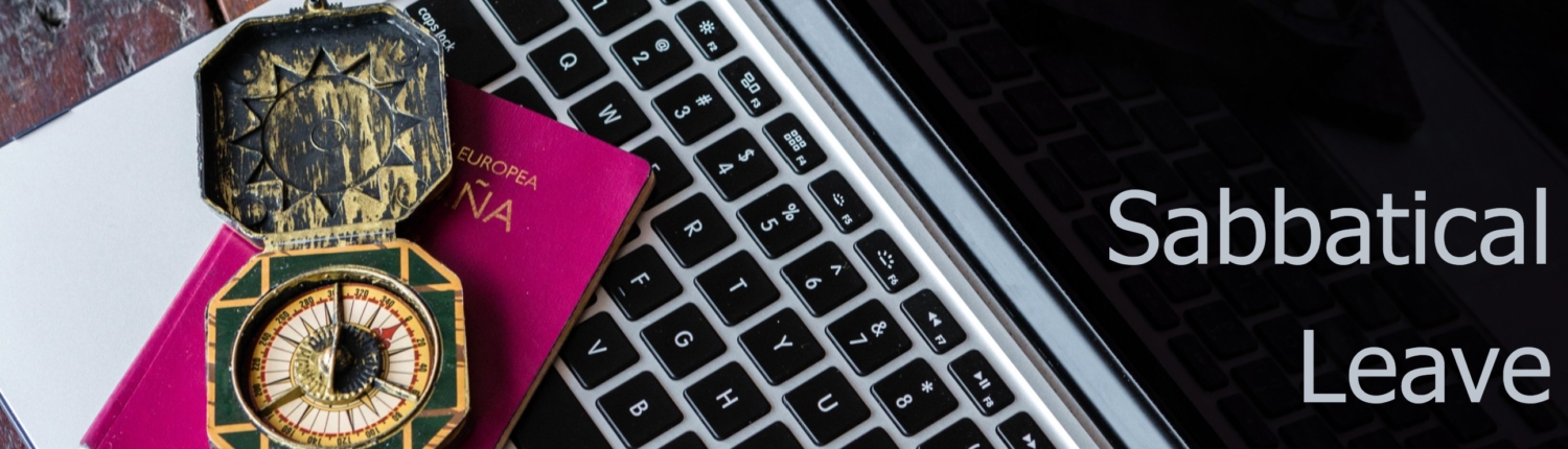 Title banner with the words "Sabbatical Leave" on it. The banner image is a compass sitting on a laptop keyboard.