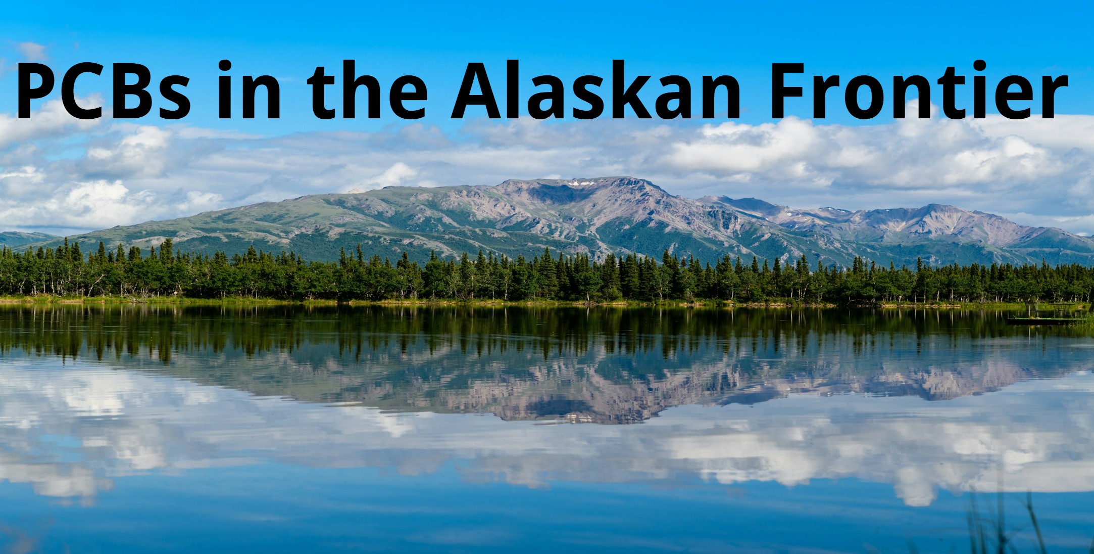 Cover page for the PCBs in the Alaskan Frontier case study built in H5P. Image includes mountains reflecting off a lake in Alaska.