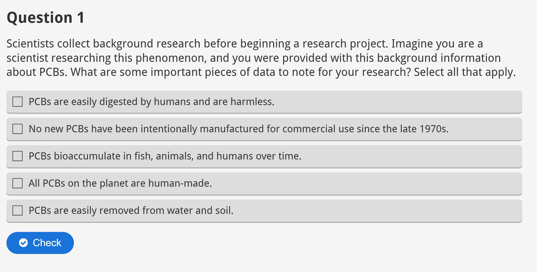 A concept check question about PCBs to test student understanding.