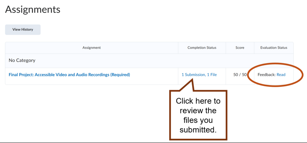 Assignments View An Assignments page displaying the “Final Project: Accessible Video and Audio Recordings (Required).” In the Evaluation Status column, “Feedback: Read” is circled in orange. A text box with an arrow points to the submission link and reads, “Click here to review the files you submitted.” Alternative text created by Copilot and edited by C Haslag on March 10, 2026.