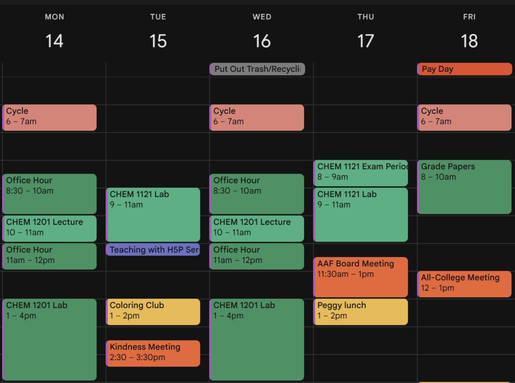 A weekly digital calendar displays events from Monday the 14th to Friday the 18th. The background is dark with color‑coded event blocks.