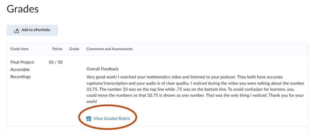 Grades View Rubric A Grades page showing the item “Final Project: Accessible Recordings” with a score of 50 out of 50 and written instructor feedback. Below the feedback, the blue link “View Graded Rubric” is circled in orange. Alternative text created by Copilot and edited by C Haslag on March 10, 2026.
