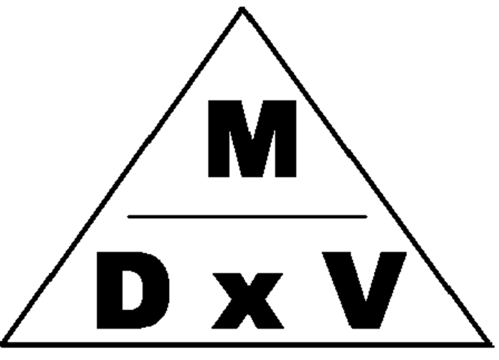 Illustration of the density formula. A triangle with M (for mass) is inside the top of the triangle with a horizontal line present under it. D (for density) x V (for volume) is present at the bottom of the triangle under the line.