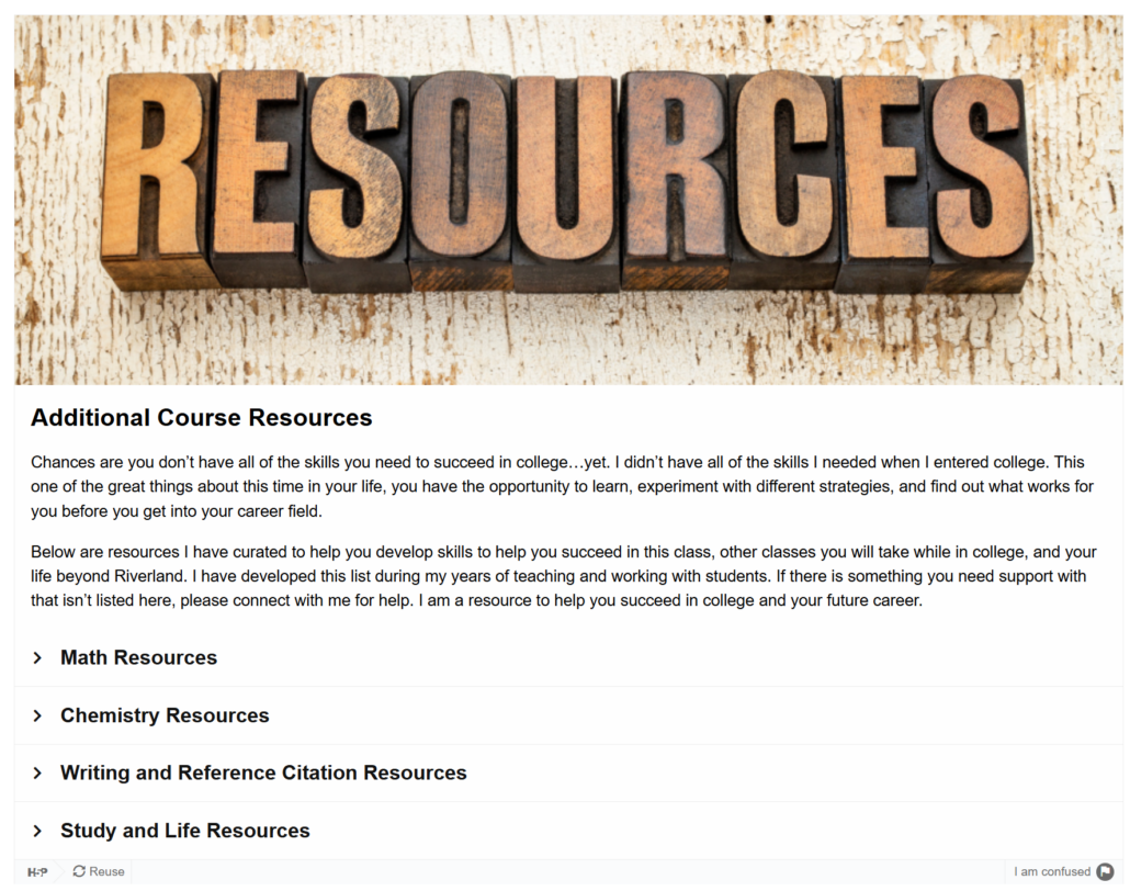 A page titled 'Additional Course Resources' featuring a header photo of the word RESOURCES spelled out in vintage wooden letterpress blocks on a weathered white surface. Below the image, an introductory paragraph explains that the page is designed to help students develop skills to succeed in class, college, and their future careers. Four collapsible sections are listed: Math Resources, Chemistry Resources, Writing and Reference Citation Resources, and Study and Life Resources. This text created using Claude and edited by Catherine Haslag on May 31, 2026.