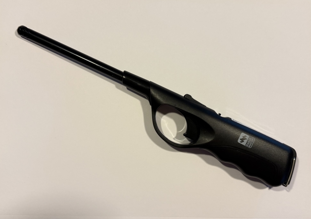 A long-neck multipurpose lighter with a black handle.